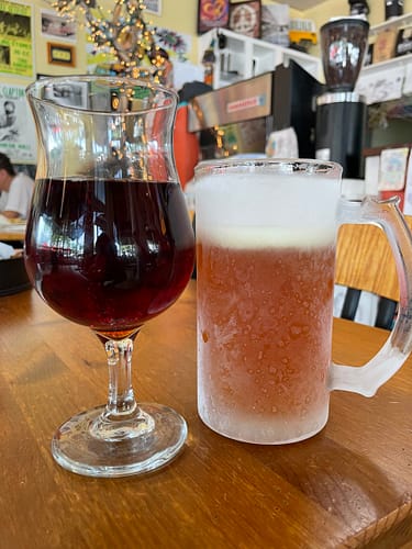 cold beer in frosted glass and red wine